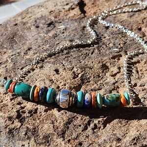 Sterling Silver Multi Gemstone Bar Necklace